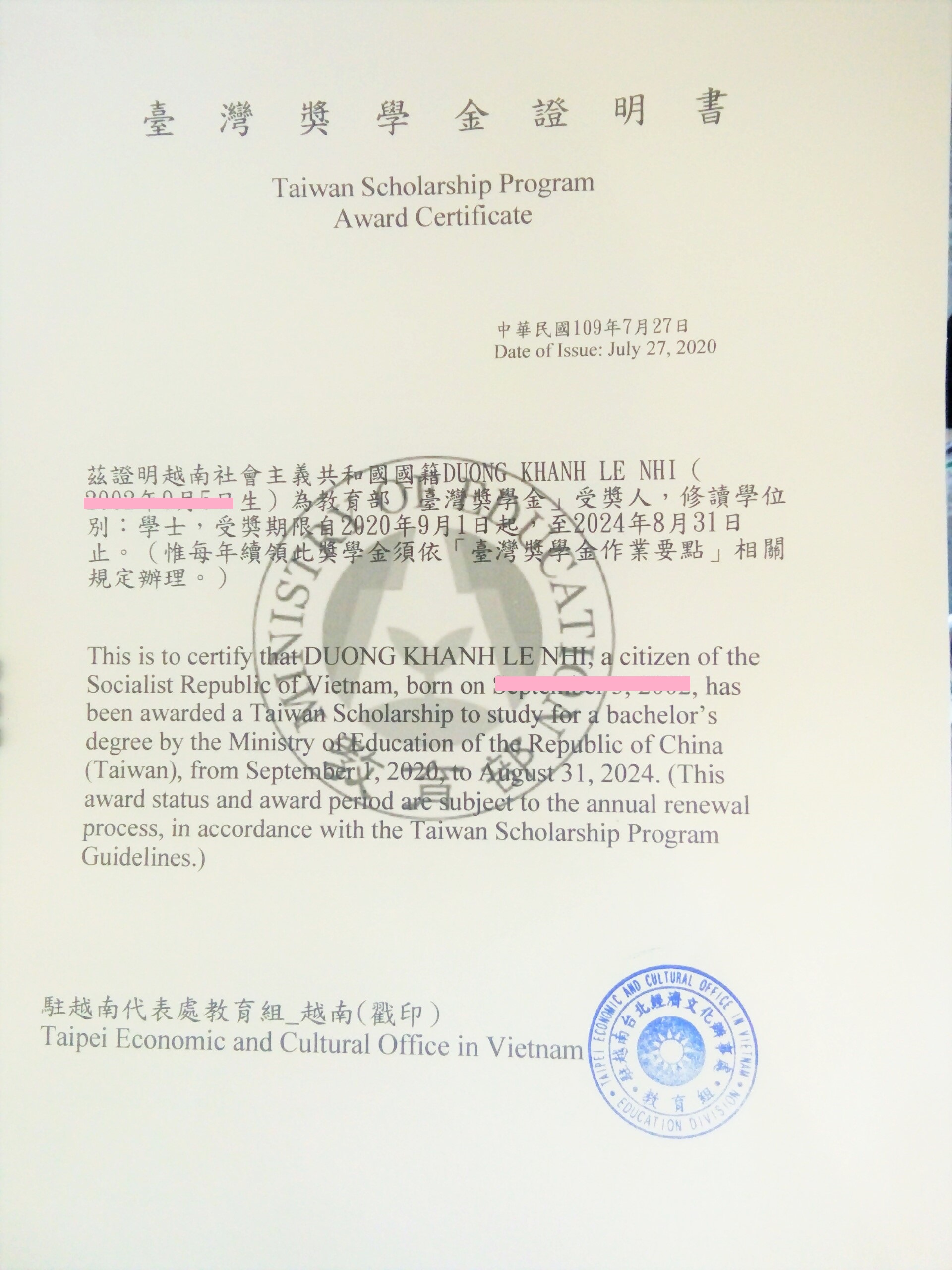  học bổng toàn phần Chính phủ Đài Loan